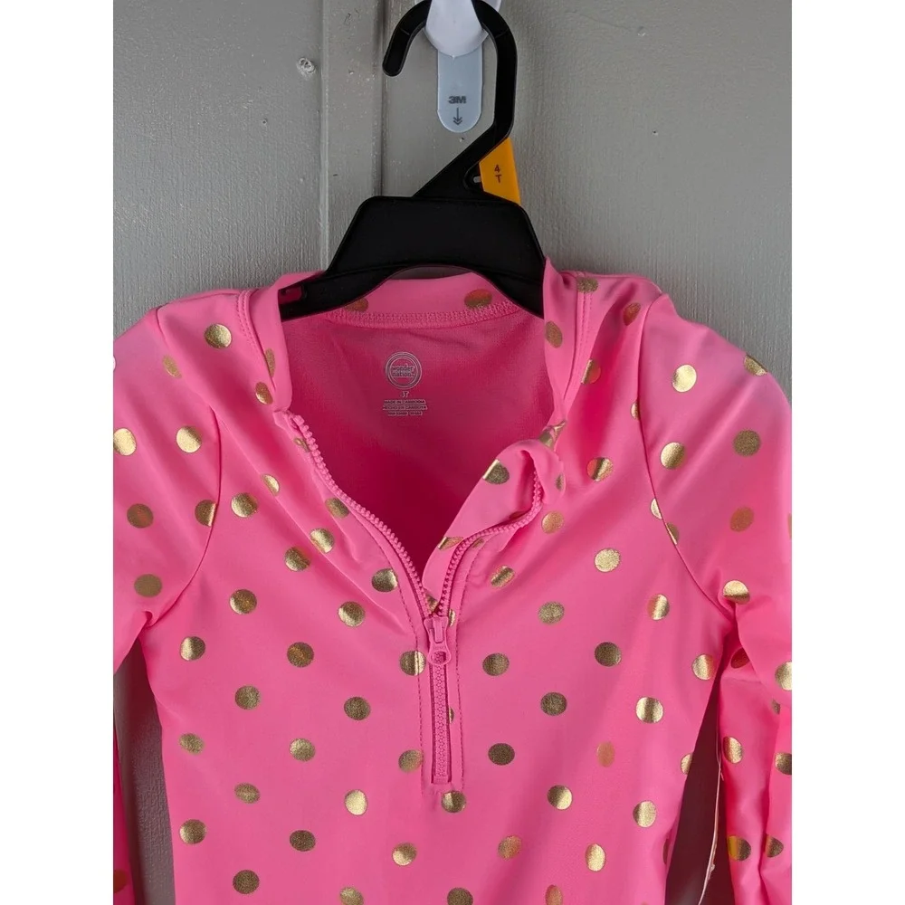 Wonder Nation Girls Pink Gold Foil Polka Dot Long Sleeve Rash Guard Swimsuit 3T